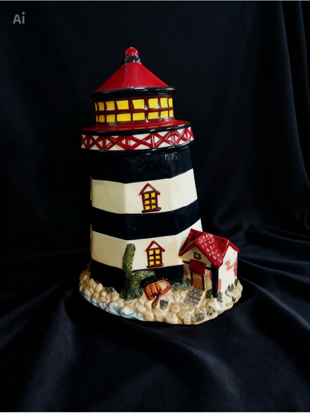 Lighthouse Ceramic Decorative Figurine in Black, White & Red